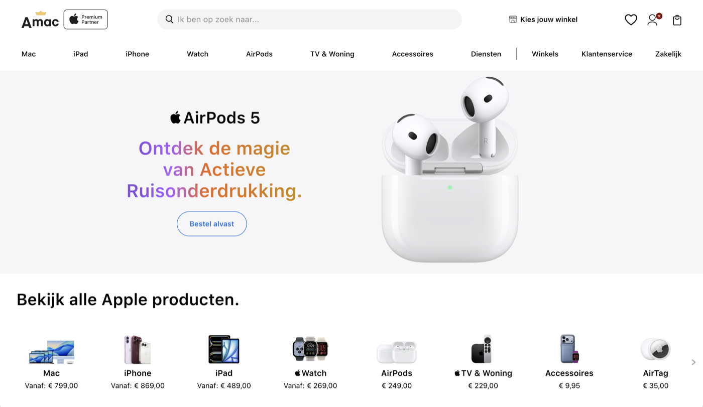 The personalised homepage on Amac.nl, with an AirPods hero banner