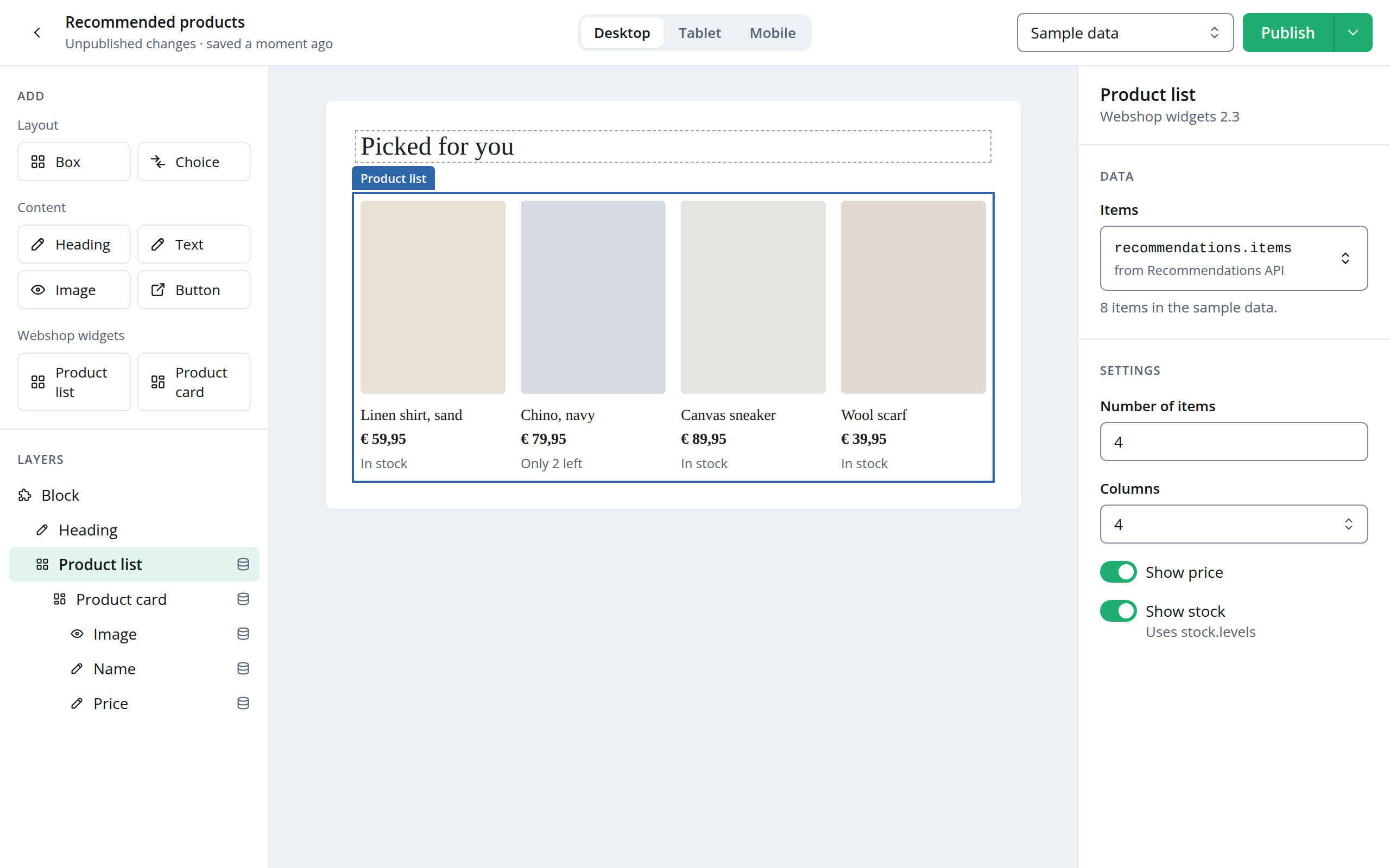 The Contenzi visual editor: a product list block from the webshop's own widgets, connected to a recommendations API