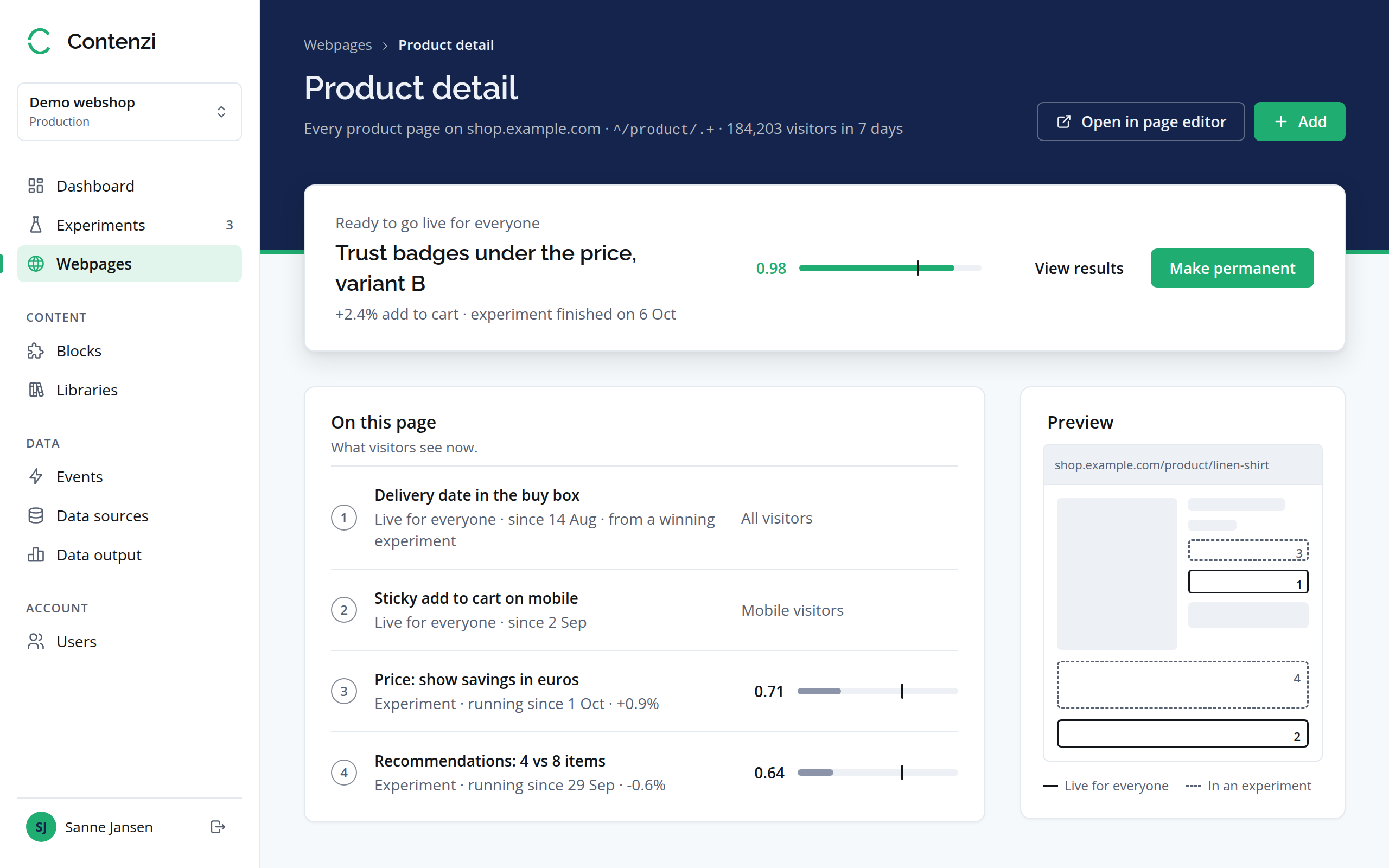 A webpage in the Contenzi console with its live changes, running experiments and a preview of where each sits